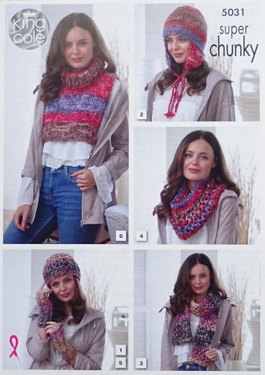 DIGITAL Knitting Pattern Ladies Hat, Helmet, Cowl, Scarf, Wrist Warmers & Neck warmer Super Chunky 5031