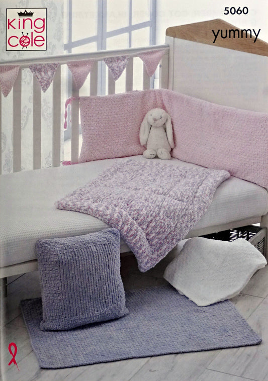 DIGITAL Knitting Pattern Baby Cot Bumper, Cover, Cushion, Blanket, Rug and Bunting Yummy Chunky King Cole 5060