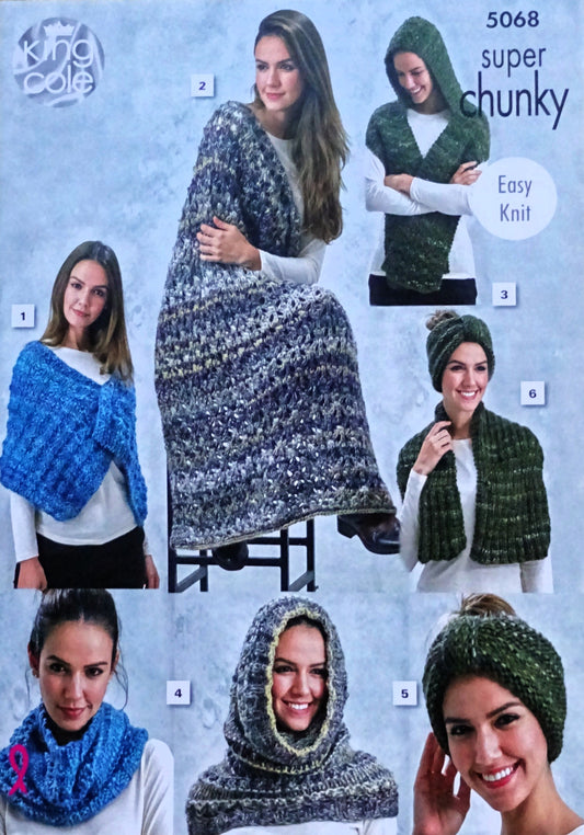 DIGITAL Knitting Pattern Ladies Easy Knit Wraps, Blanket, Scarf, Cowl, Snood & Head Knot Super Chunky King Cole 5068