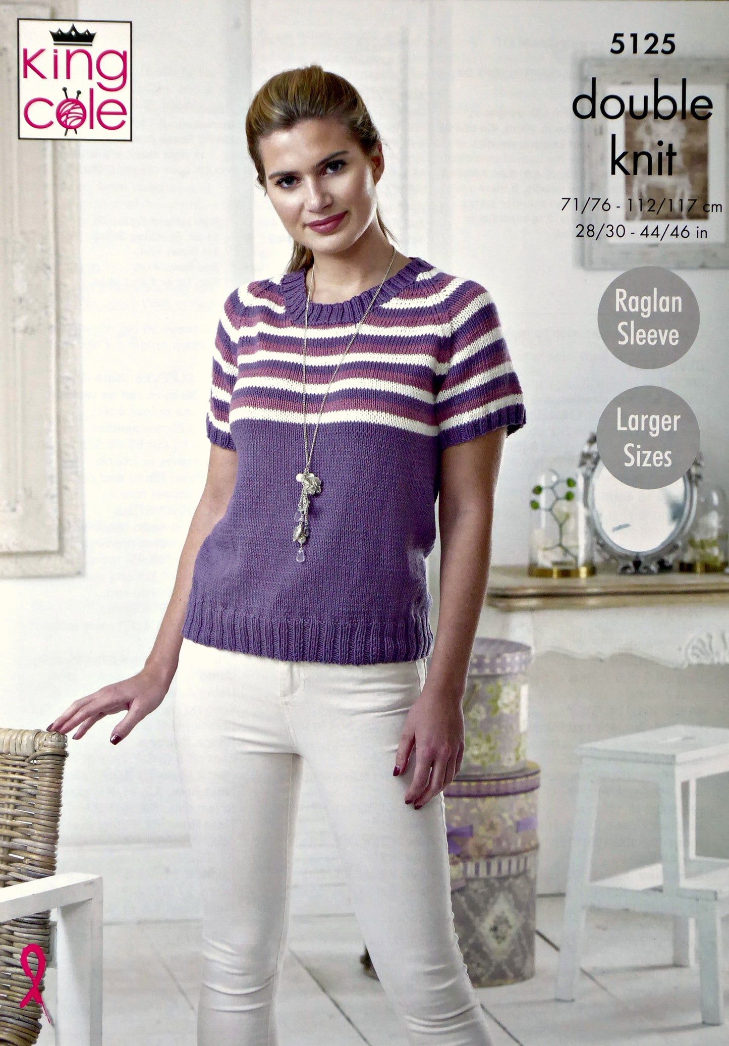 DIGITAL Knitting Pattern Ladies Long or Short Raglan Sleeve Jumper with Striped Yoke Cotton DK King Cole 5125