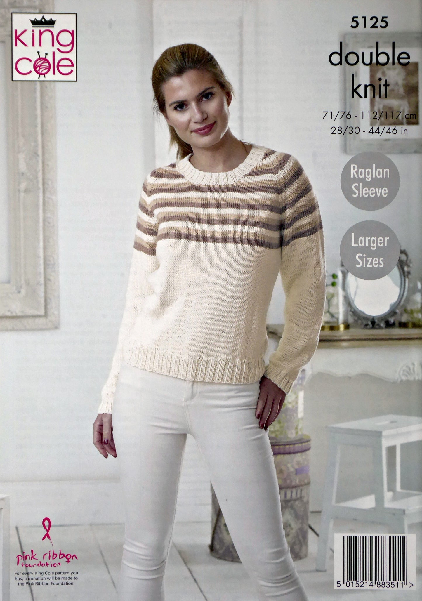 DIGITAL Knitting Pattern Ladies Long or Short Raglan Sleeve Jumper with Striped Yoke Cotton DK King Cole 5125