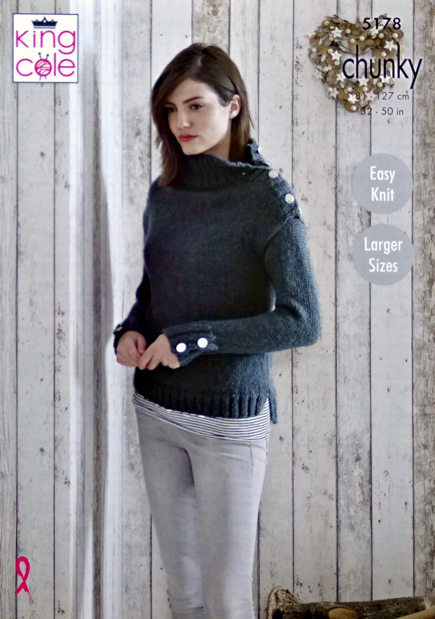 DIGITAL Knitting Pattern Ladies Easy Knit Shoulder Fastening Jumpers & Hat Chunky 5178