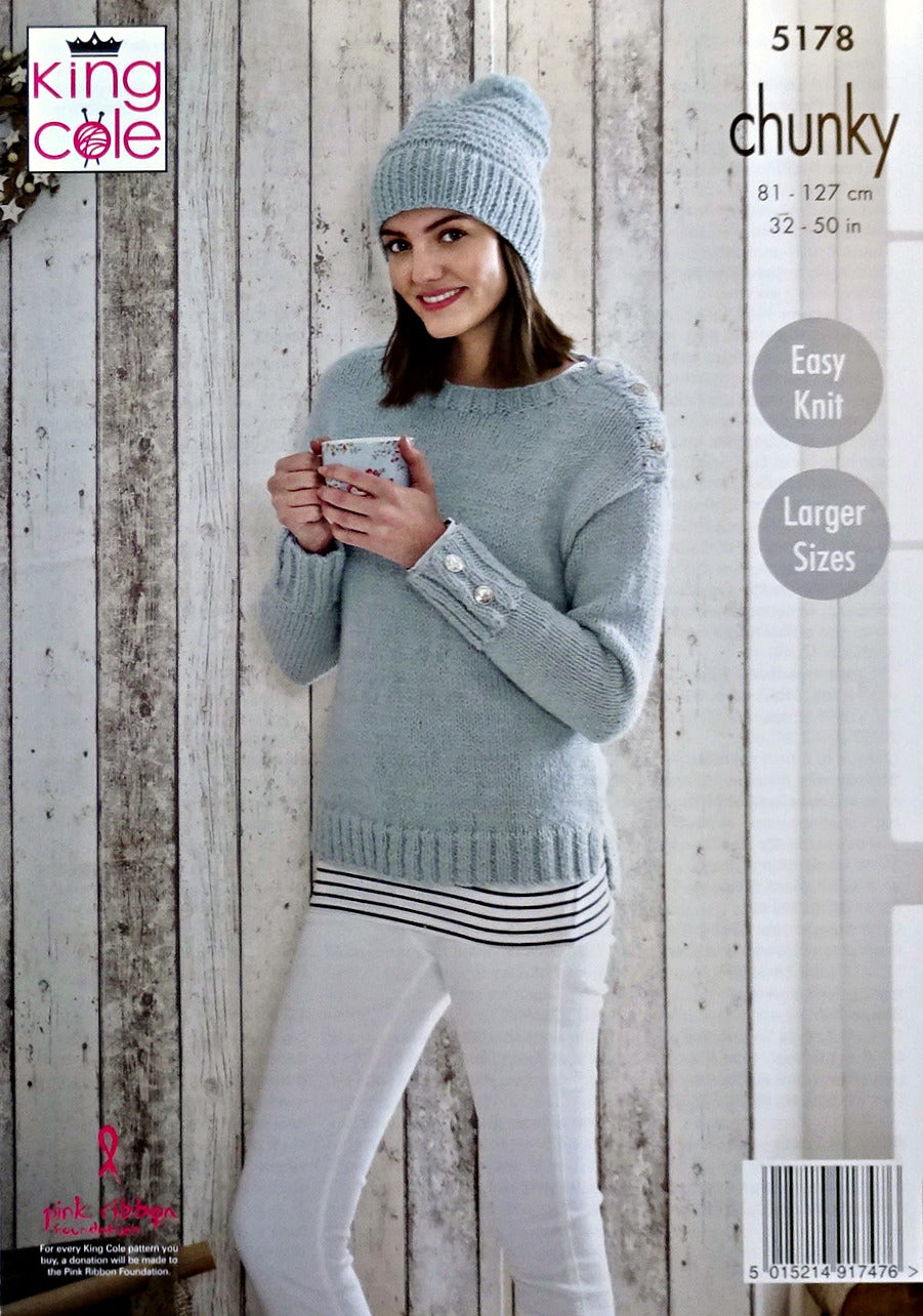 DIGITAL Knitting Pattern Ladies Easy Knit Shoulder Fastening Jumpers & Hat Chunky 5178