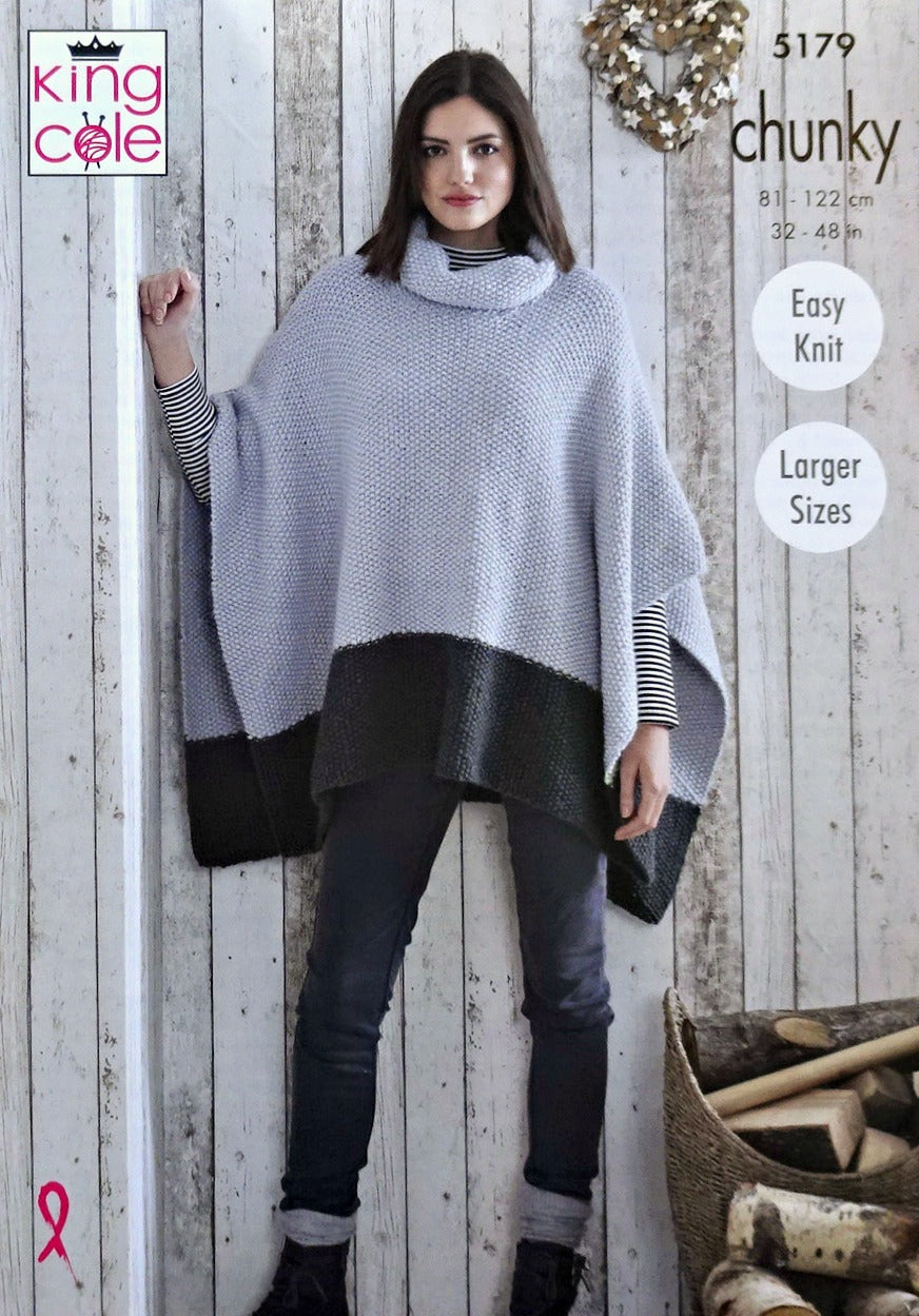 DIGITAL Knitting Pattern Ladies Easy Knit Striped Moss Stitch Ponchos Chunky 5179