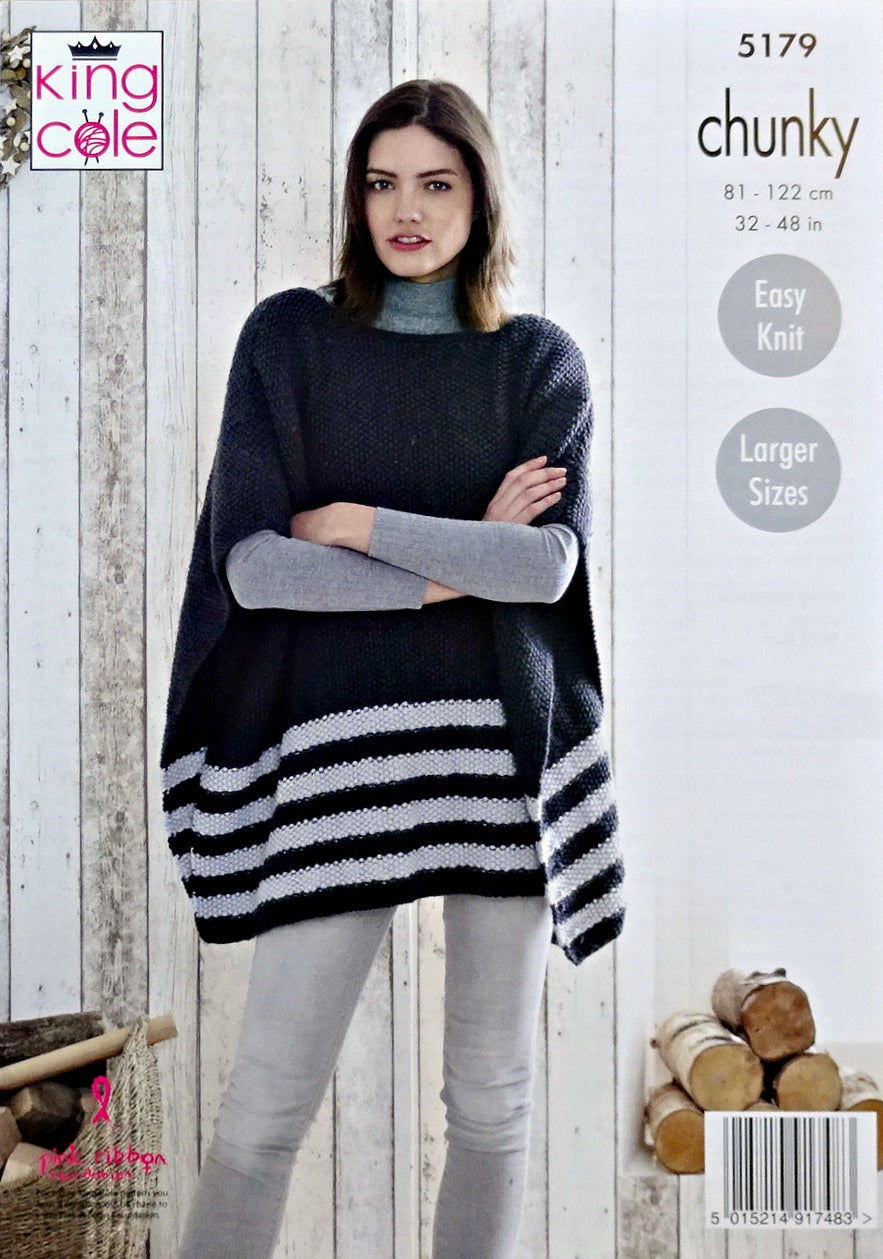 DIGITAL Knitting Pattern Ladies Easy Knit Striped Moss Stitch Ponchos Chunky 5179