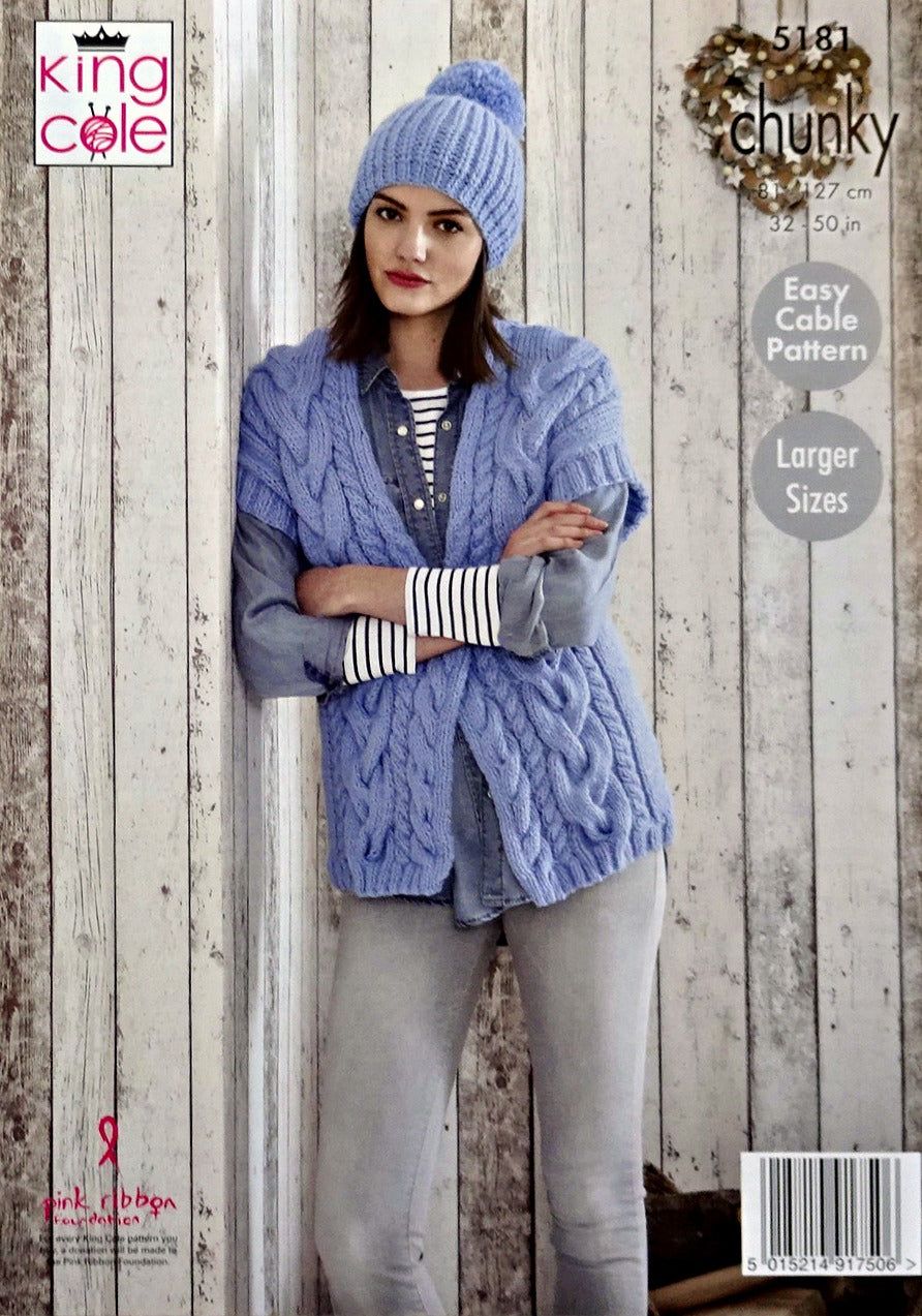 DIGITAL Knitting Pattern Ladies Cable Jacket, Waistcoat and Hat Chunky King Cole 5181