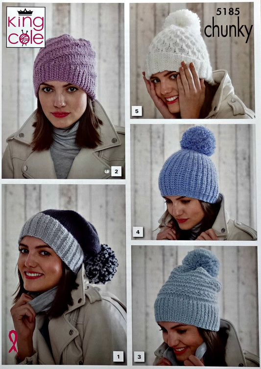 DIGITAL Knitting Pattern Ladies 5 Styles of Hats Chunky King Cole 5185