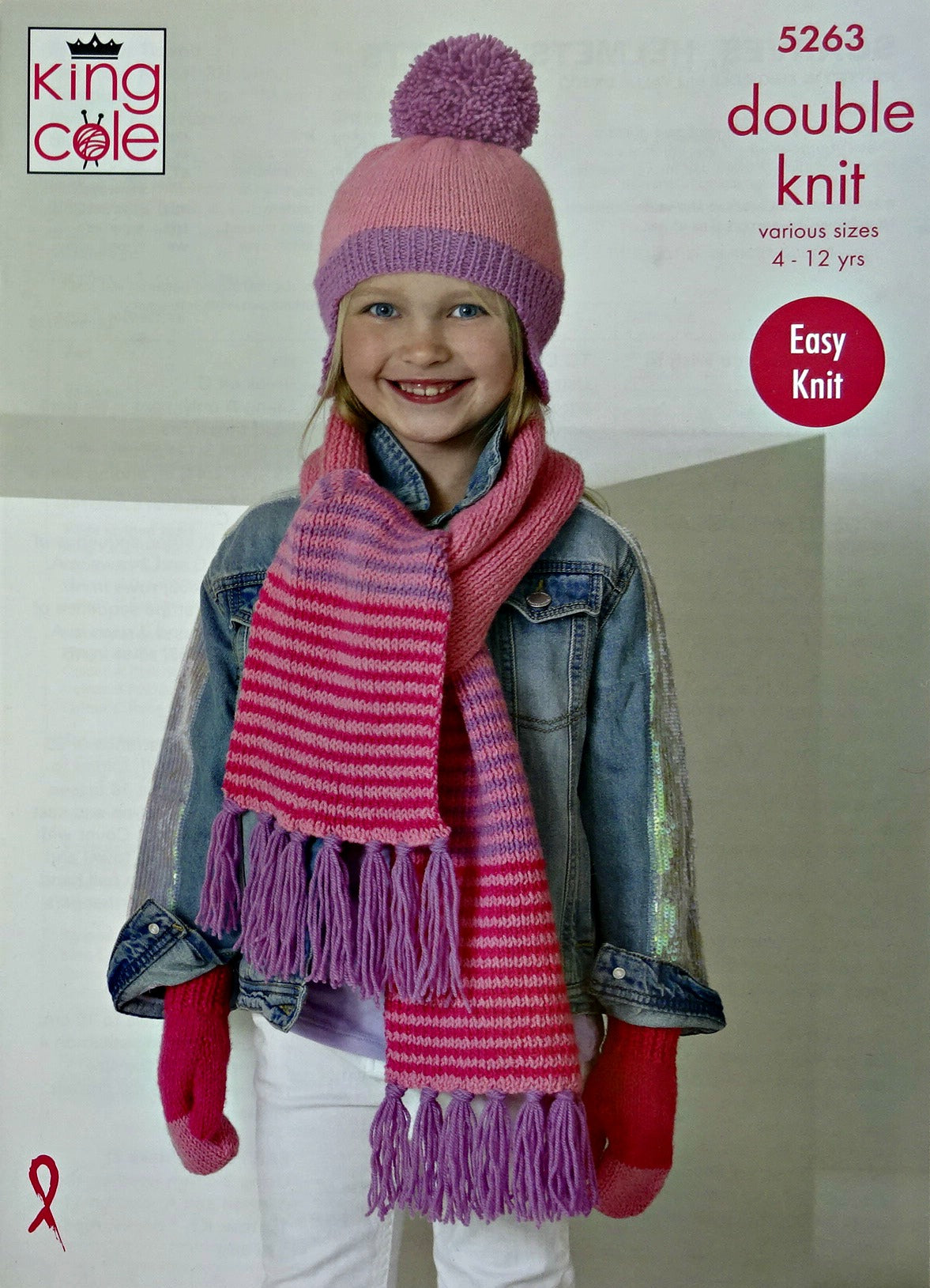 DIGITAL Knitting Pattern Childrens Easy Knit Striped Helmet Scarf Mitts DK KingCole 5263