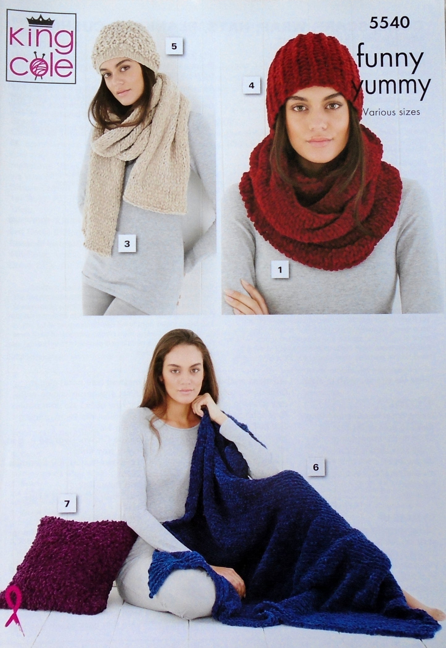 DIGITAL Knitting Pattern Ladies Scarf, Blanket, Cushions, Snood, Hats and Wrap/Scarf Yummy Chunky King Cole 5540