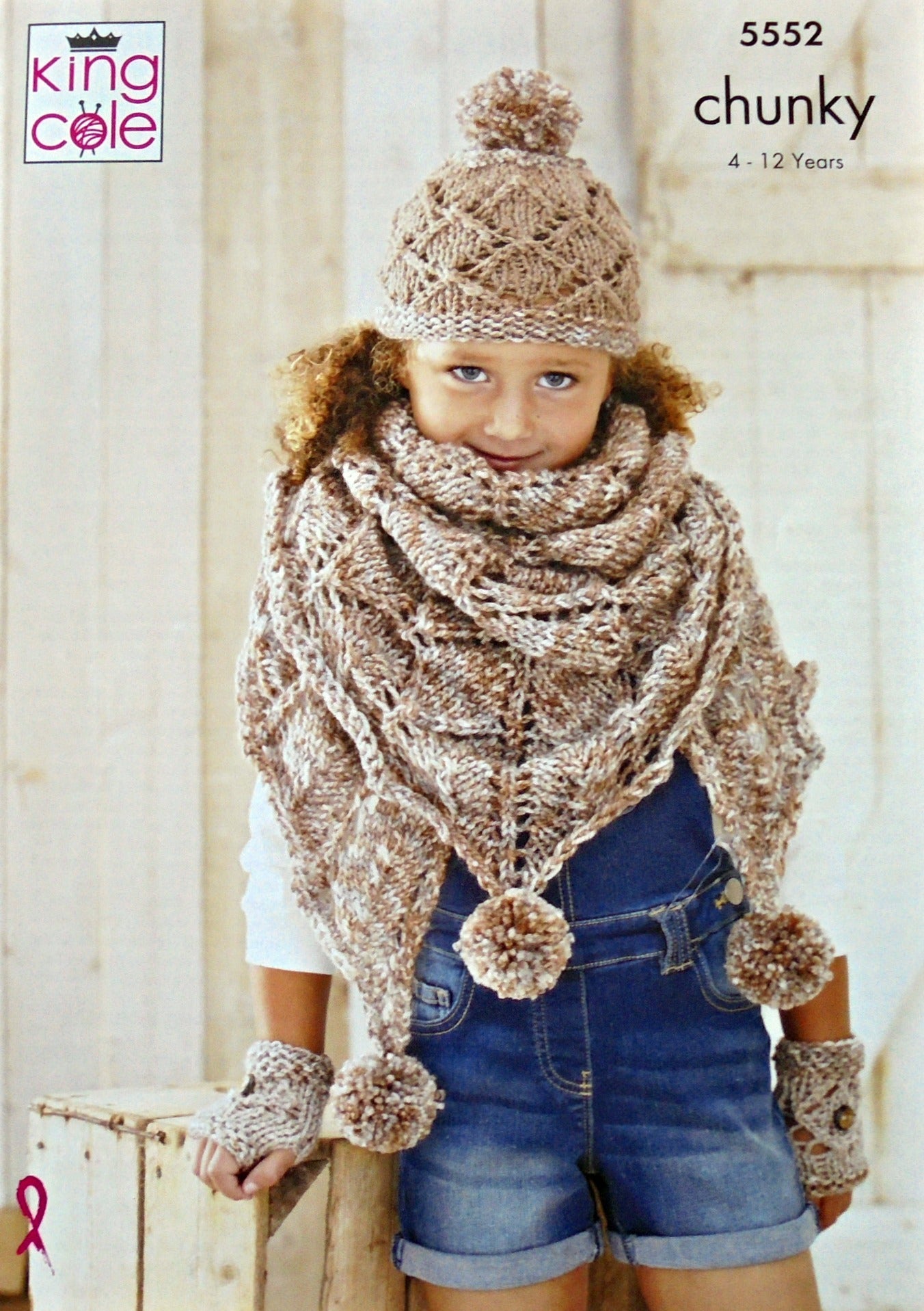 DIGITAL Knitting Pattern Childrens Earflap Hat, Cable Scarf & Mittens, Lacy Hat, Shawl & Mittens Chunky King Cole 5552