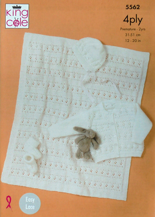 DIGITAL Knitting Pattern Baby Lacy Cardigan Boottees Hat & Blanket 4ply King Cole 5562