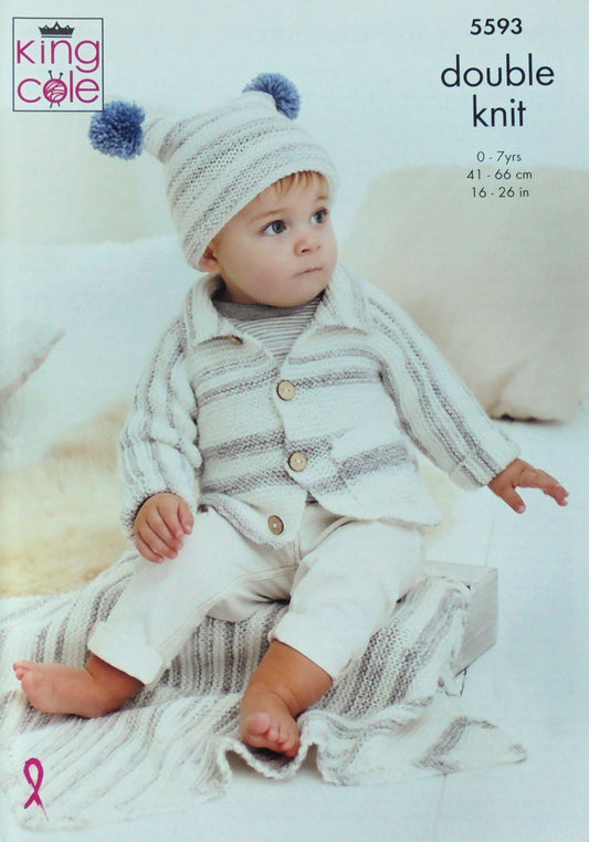 DIGITAL Knitting Pattern Babies Easy Knit Jacket Blanket & Teabag Hat DK King Cole 5593