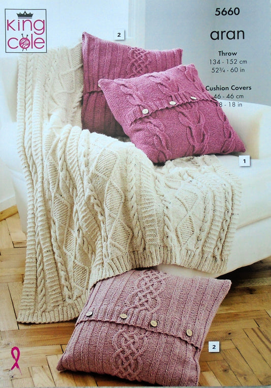 DIGITAL Knitting Pattern Multi Cable Blanket/Throw & Button Cushion Aran King Cole 5660