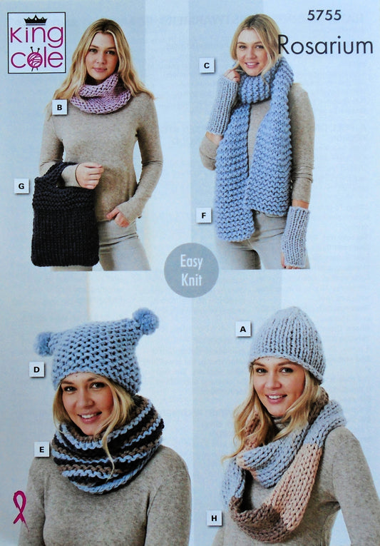 DIGITAL Knitting Pattern Ladies Easy Hats, Scarf, Bag, Wristwarmers and Cowls Chunky King Cole 5755