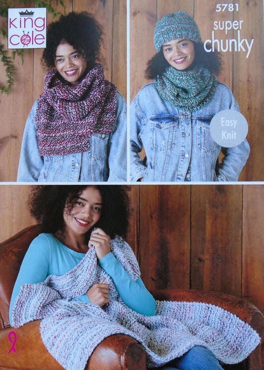 DIGITAL Knitting Pattern Easy Knit Throw, Ladies Hat, Cowl and Scarf Super Chunky 5781