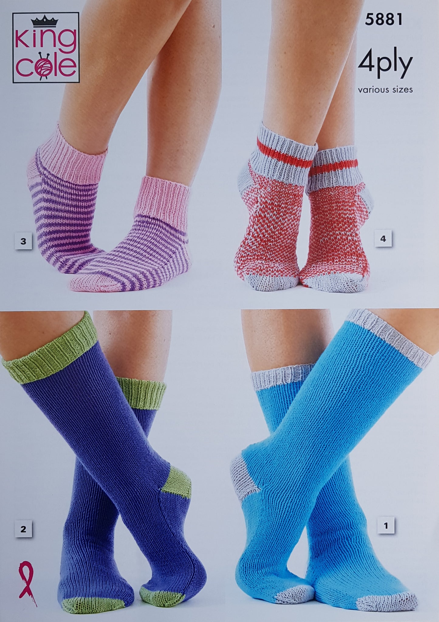 DIGITAL Knitting Pattern Ladies Ankle/Calf Striped Socks 4 Styles 4ply King Cole 5881