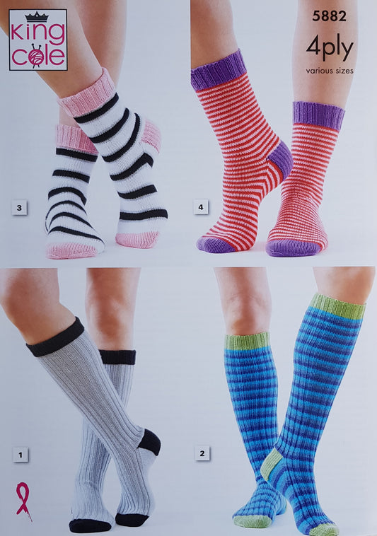 DIGITAL Knitting Pattern Ladies Knee/Calf Striped Socks 4 Styles 4ply King Cole 5882