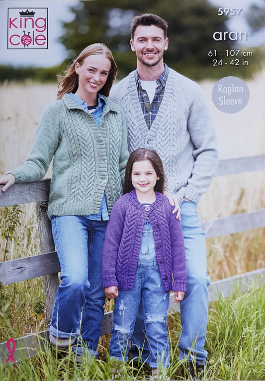 DIGITAL Knitting Pattern Mens Womens Children Family Cable Cardigans Aran King Cole 5957