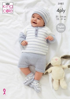 DIGITAL Knitting Pattern Baby Striped Hat Jumpers Bootees & Pants 4ply King Cole 5981