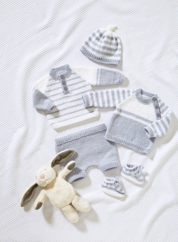 DIGITAL Knitting Pattern Baby Striped Hat Jumpers Bootees & Pants 4ply King Cole 5981