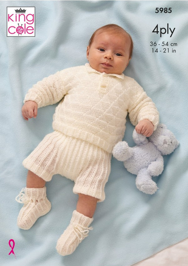 DIGITAL Knitting Pattern Baby 2 Design Jumpers, Shorts and Bootees 4ply King Cole 5985