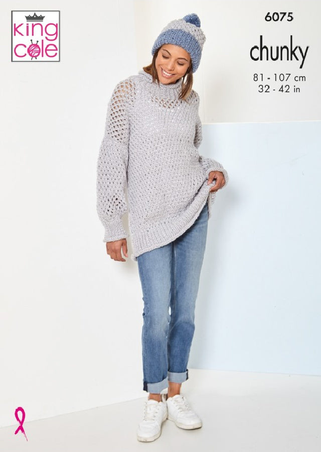 DIGITAL Knitting Pattern Ladies Long Lacy Jumper, Slipover and Hat Chunky King Cole 6075