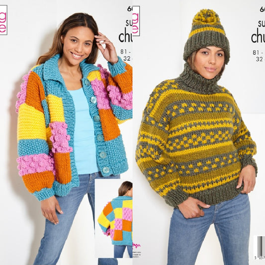 DIGITAL Knitting Pattern Ladies Multi Colour Jacket, Jumper and Hat Super Chunky King Cole 6076
