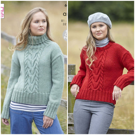 DIGITAL Knitting Pattern Ladies Cable Jumpers Polo/Round Neck Aran 6098