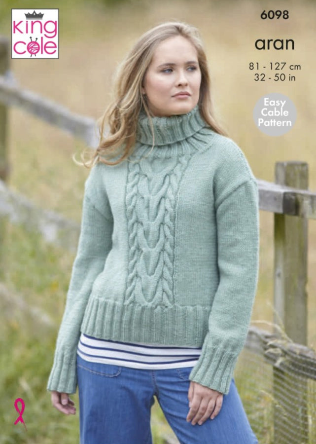 DIGITAL Knitting Pattern Ladies Cable Jumpers Polo/Round Neck Aran 6098