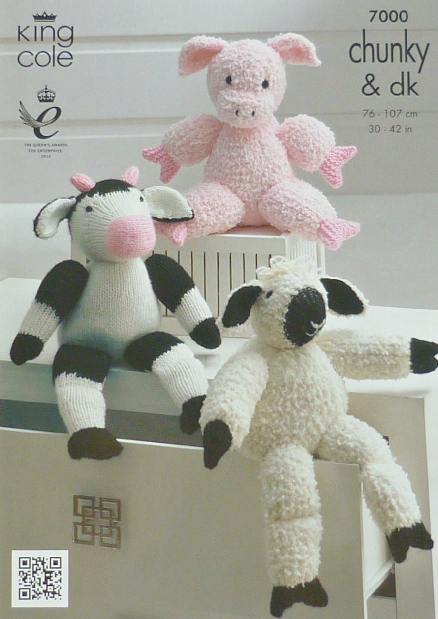 DIGITAL Knitting Pattern Pig, Sheep and Freisian Cow Stuffed Toys DK King Cole 7000