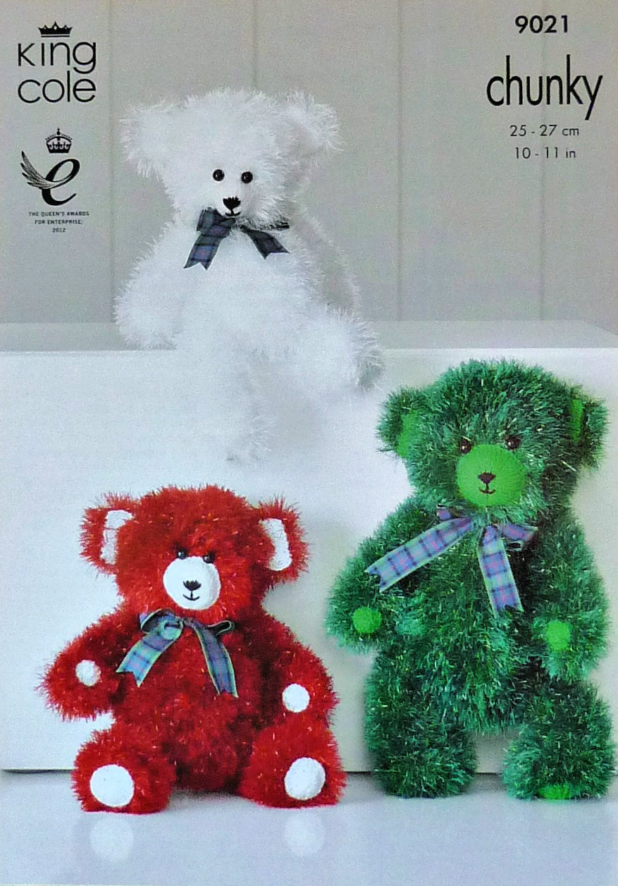 DIGITAL Knitting Pattern Teddy Bears 3 Sizes Stuffed Toys Tinsel Chunky King Cole 9021