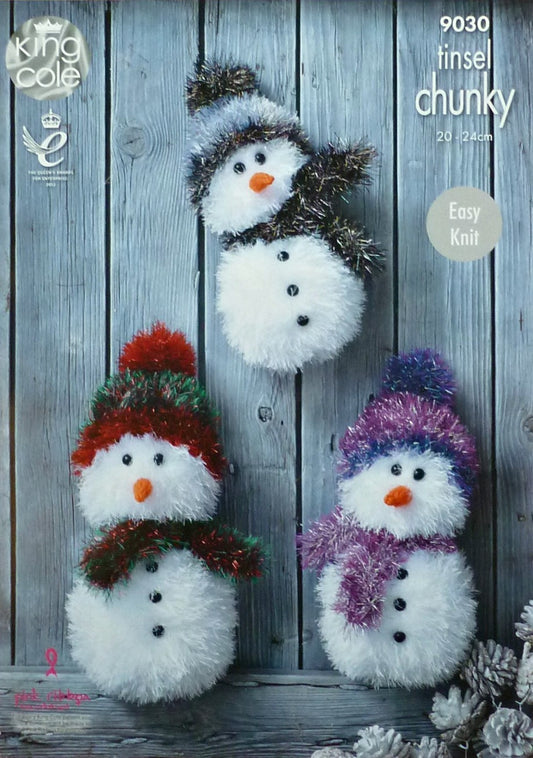 DIGITAL Knitting Pattern 3 Sizes Snowman Christmas Tinsel Yarn King Cole 9030