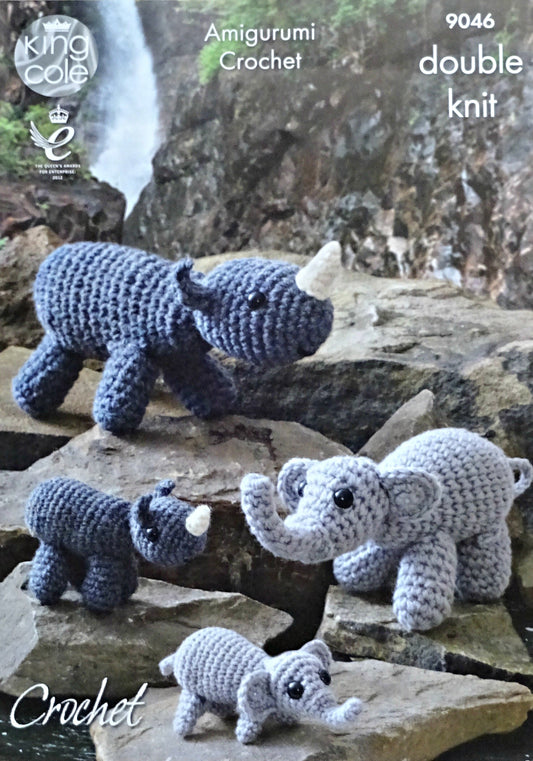 DIGITAL Crochet Pattern Amigurumi Soft Toys Elephants and Rhinos DK King Cole 9046