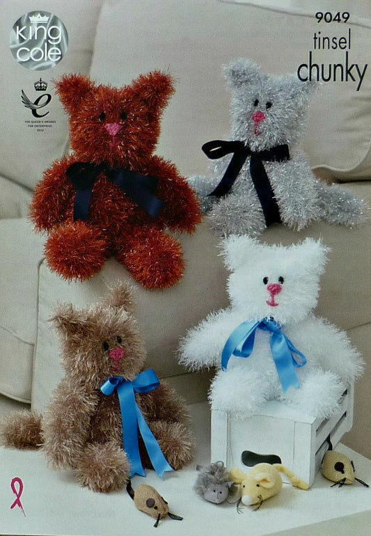 DIGITAL Knitting Pattern 2 Sizes Cats Soft Toys Tinsel Yarn King Cole 9049