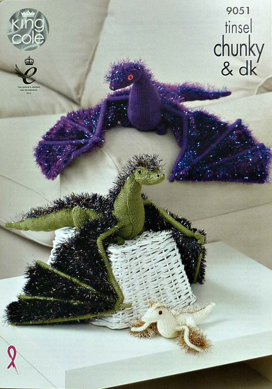 DIGITAL Knitting Pattern Tinsel Dragons Knitted Toys 2 sizes Chunky King Cole 9051