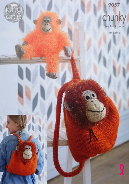 DIGITAL Knitting Pattern Orangutan Backpack & Toy Chunky Tinsel Yarn King Cole 9057