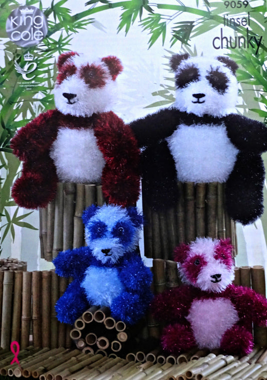 DIGITAL Knitting Pattern 2 Sizes Panda Soft Toys Tinsel Yarn King Cole 9059