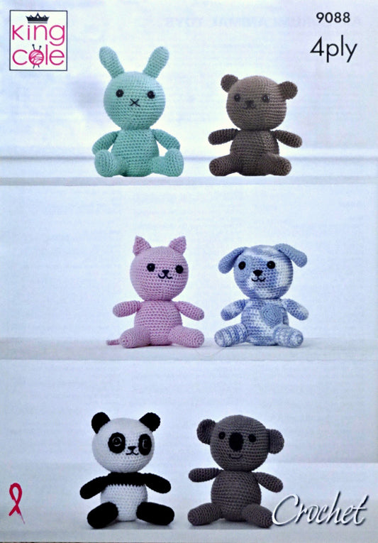 DIGITAL Crochet Pattern 6 Amigurumi Animal Stuffed Toys Giza Cotton 4ply King Cole 9088