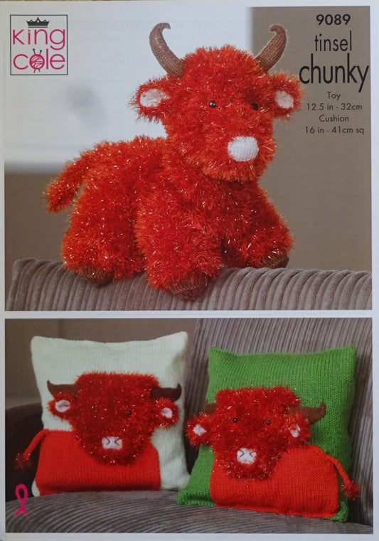 DIGITAL Knitting Pattern Highland Cow Soft Toy & Cushion/Pillow Tinsel Yarn King Cole 9089