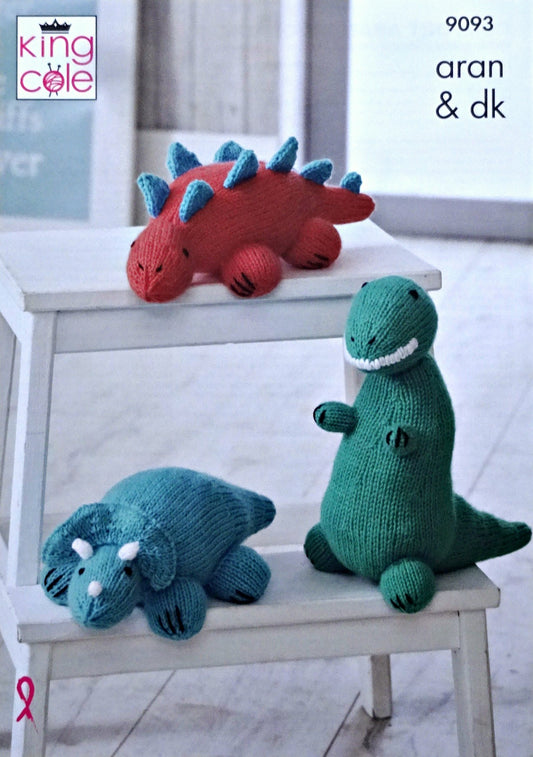 DIGITAL Knitting Pattern 3 Styles Dinosaur Stuffed Toys Aran King Cole 9093