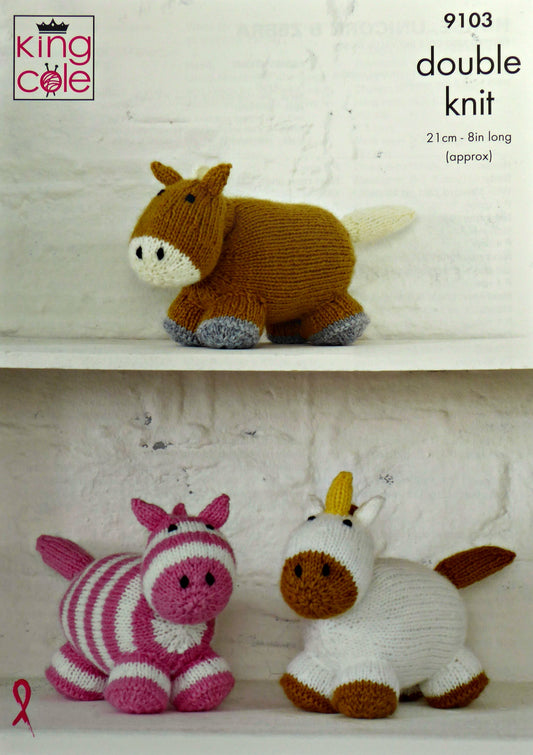 DIGITAL Knitting Pattern Horse, Unicorn and Zebra Stuffed Toys DK King Cole 9103