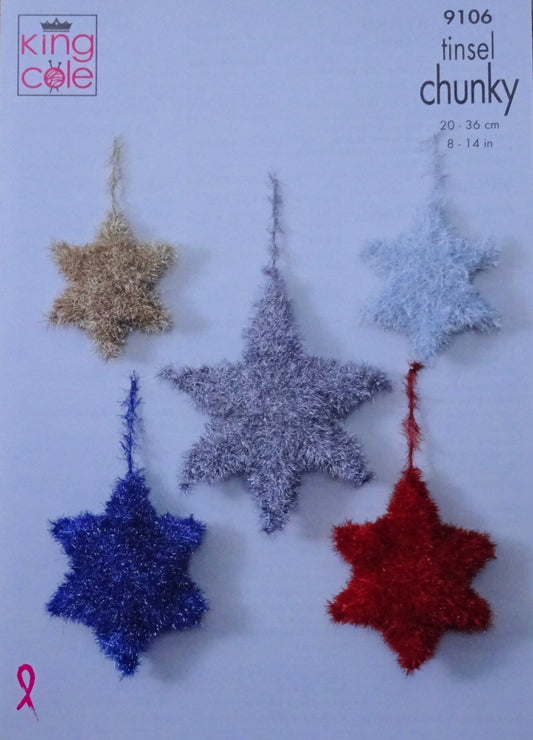 DIGITAL Knitting Pattern 3 Sizes Tinsel Stars Xmas Decorations Chunky King Cole 9106