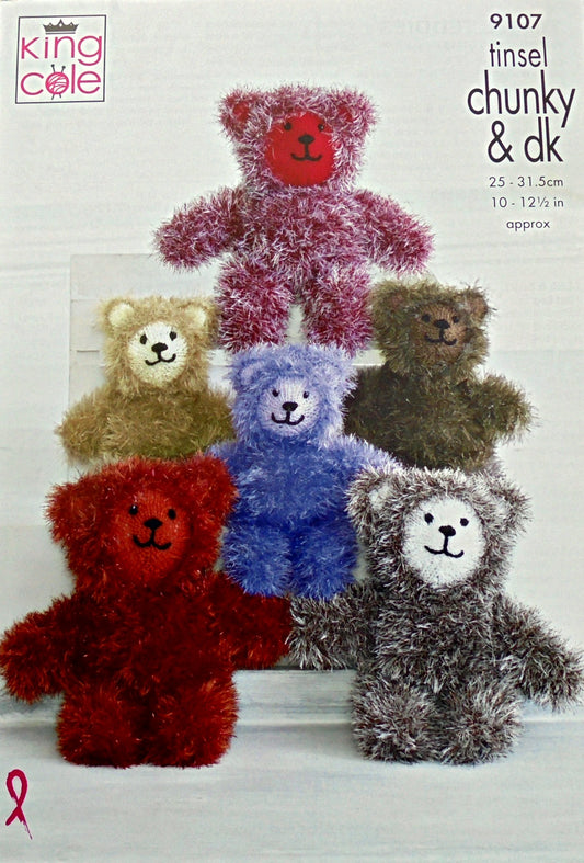 DIGITAL Knitting Pattern 2 Sizes Teddy Bear Stuffed Toys Tinsel Yarn King Cole 9107