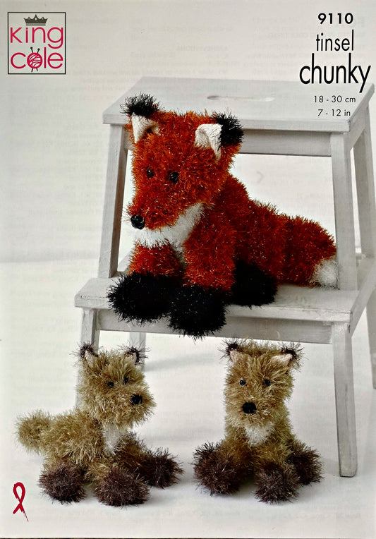 DIGITAL Knitting Pattern 2 Sizes Fox Soft Toys Tinsel Yarn King Cole 9110