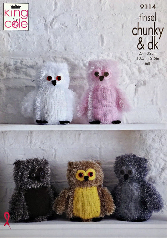 DIGITAL Knitting Pattern 2 Sizes Owls Soft Toys Tinsel Yarn King Cole 9114