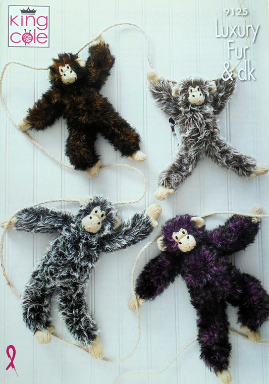 DIGITAL Knitting Pattern 2 Sizes Chimpanzee Soft Toys Luxury Fur Yarn King Cole 9125