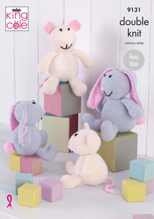 DIGITAL Knitting Pattern 2 sizes Bunnies and MIce Stuffed Toys DK King Cole 9131