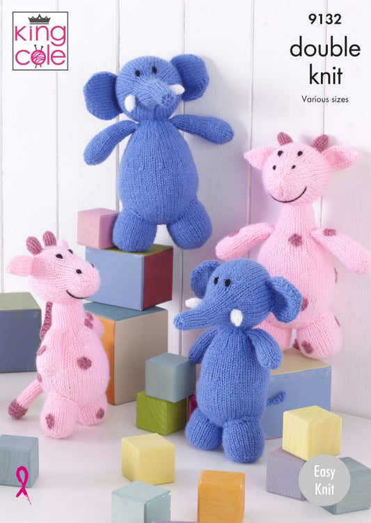DIGITAL Knitting Pattern 2 sizes Giraffe and Elephant Stuffed Toys DK King Cole 9132