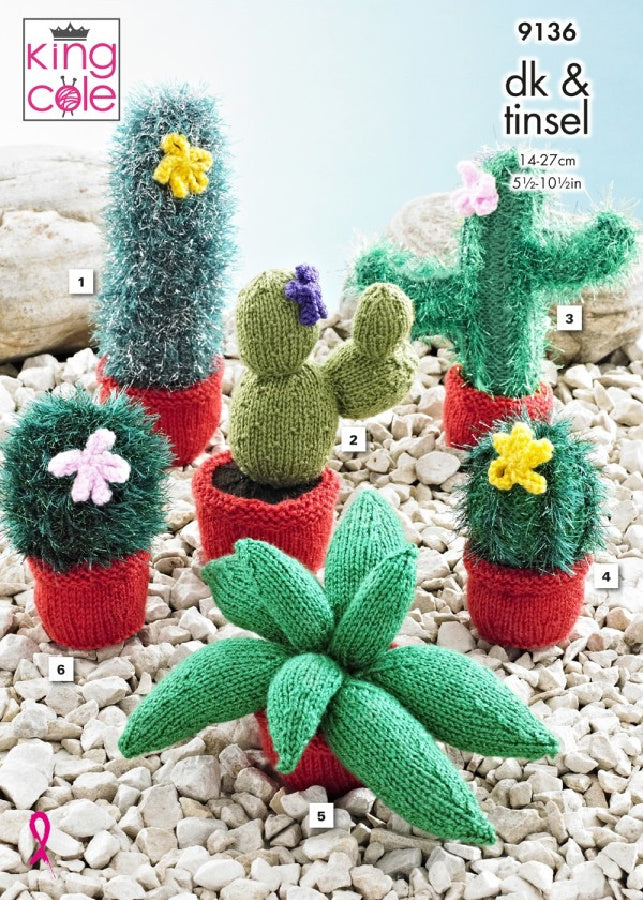 DIGITAL Knitting Pattern 6 Styles Cacti Stuffed Toys Tinsel Yarn King Cole 9136