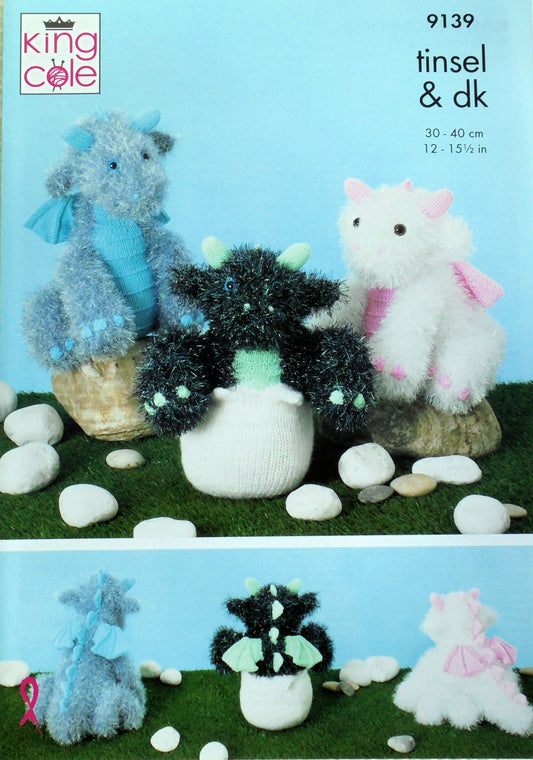 DIGITAL Knitting Pattern 3 Styles of Baby Dragon Soft Toys Chunky King Cole 9139